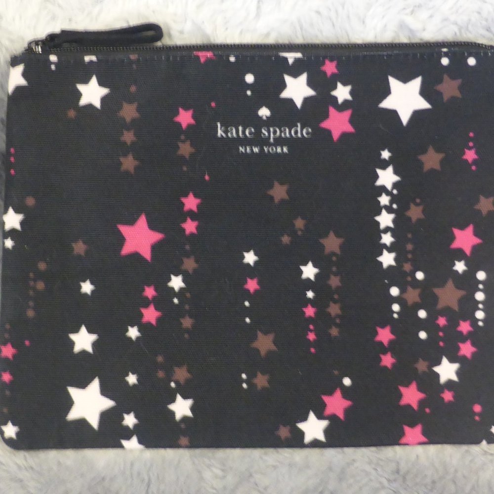 Kate Spade New York Falling Stars Cosmetic Black Canvas Zip Pouch NEW